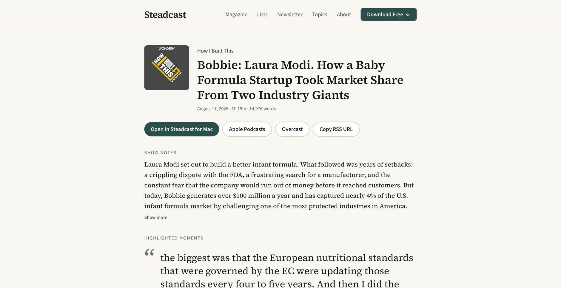 An episode page with show artwork, metadata, and listening links