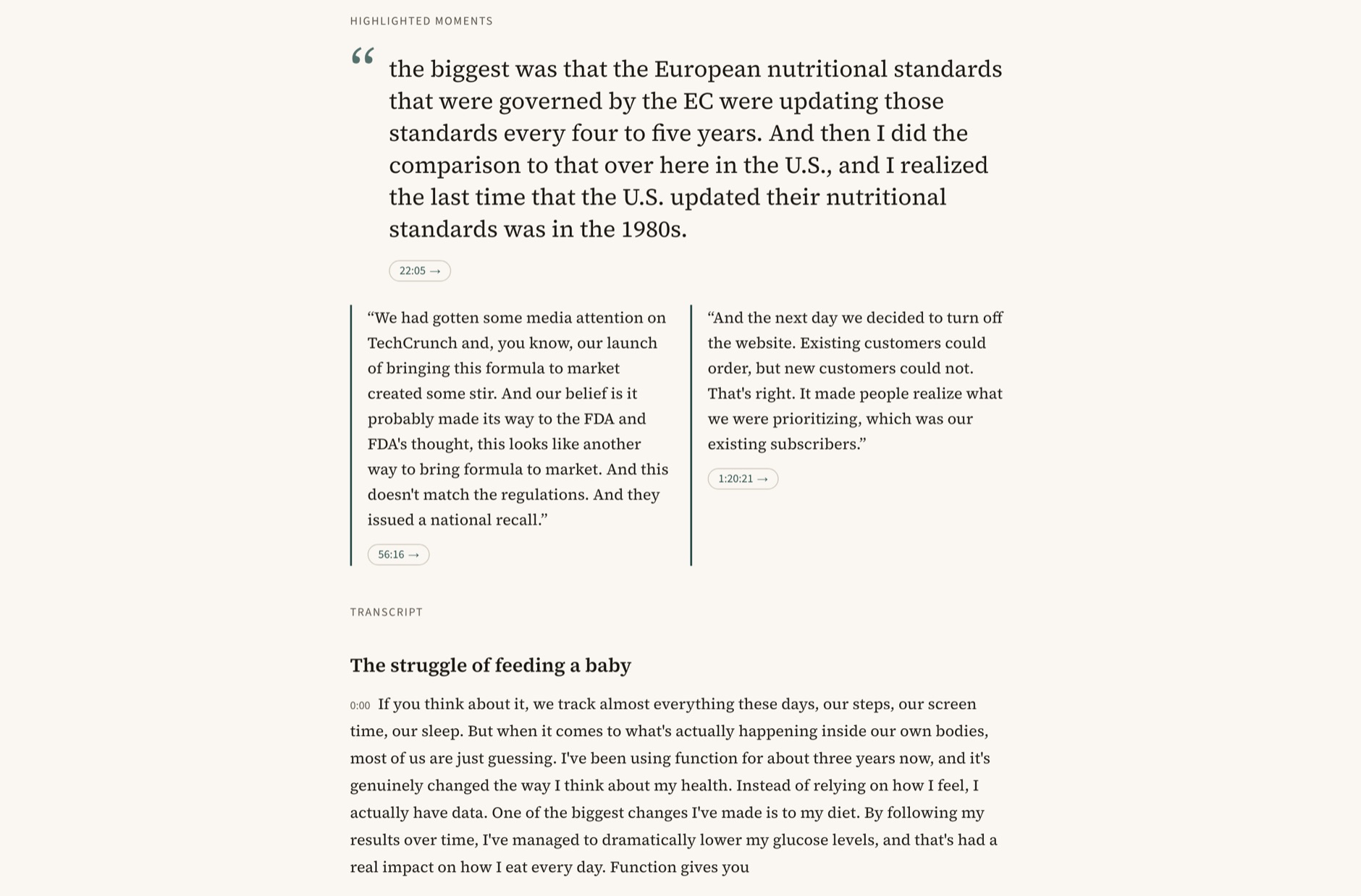 Highlighted moments with verbatim quotes and jump links, above a timestamped transcript