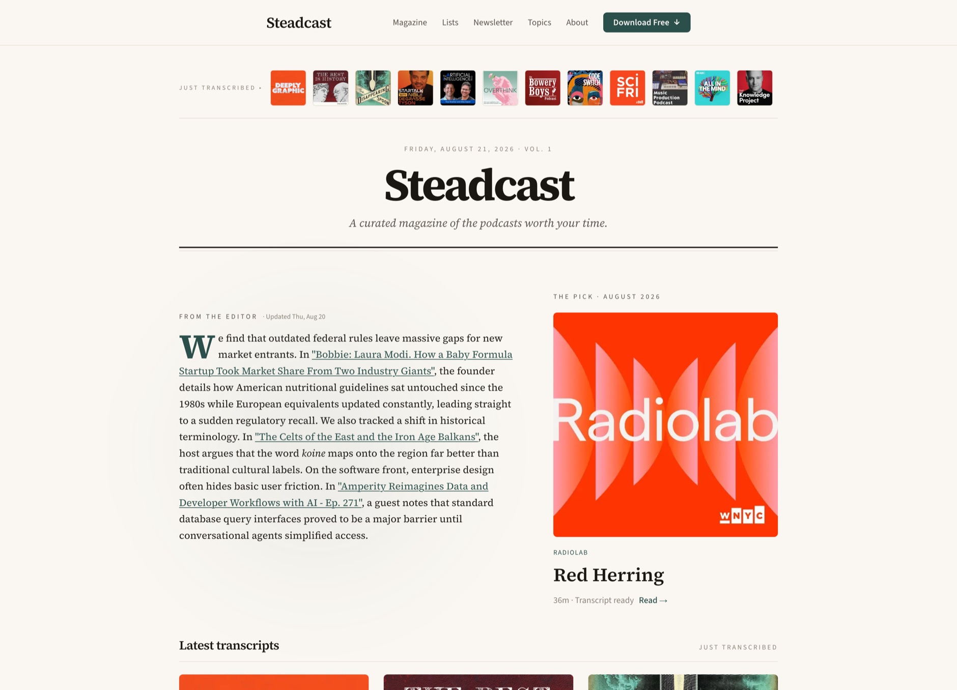 The Steadcast magazine front page, produced and published autonomously by the pipeline: editor's note, monthly pick, and freshly transcribed shows