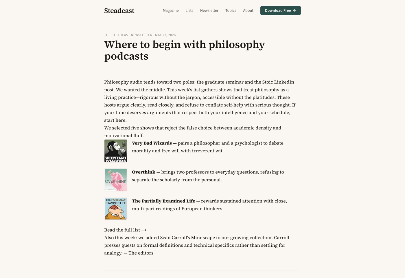 A published issue of the Steadcast newsletter with per-show picks