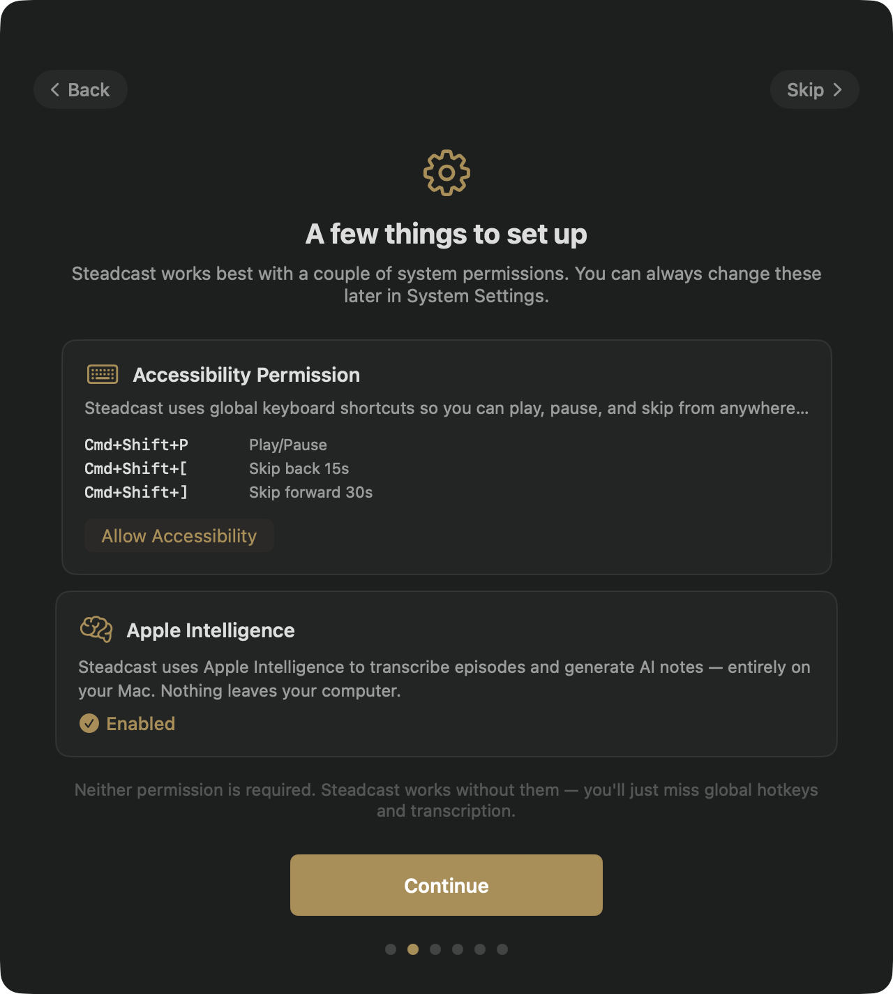 The earlier permissions screen: an Accessibility Permission card with a three-row shortcut table and an Allow Accessibility button, above an Apple Intelligence card