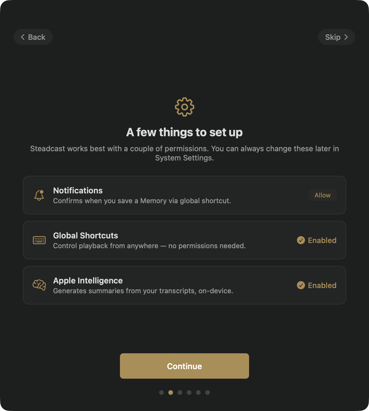 The permissions screen: three cards for Notifications, Global Shortcuts, and Apple Intelligence, each with an explanation and a status