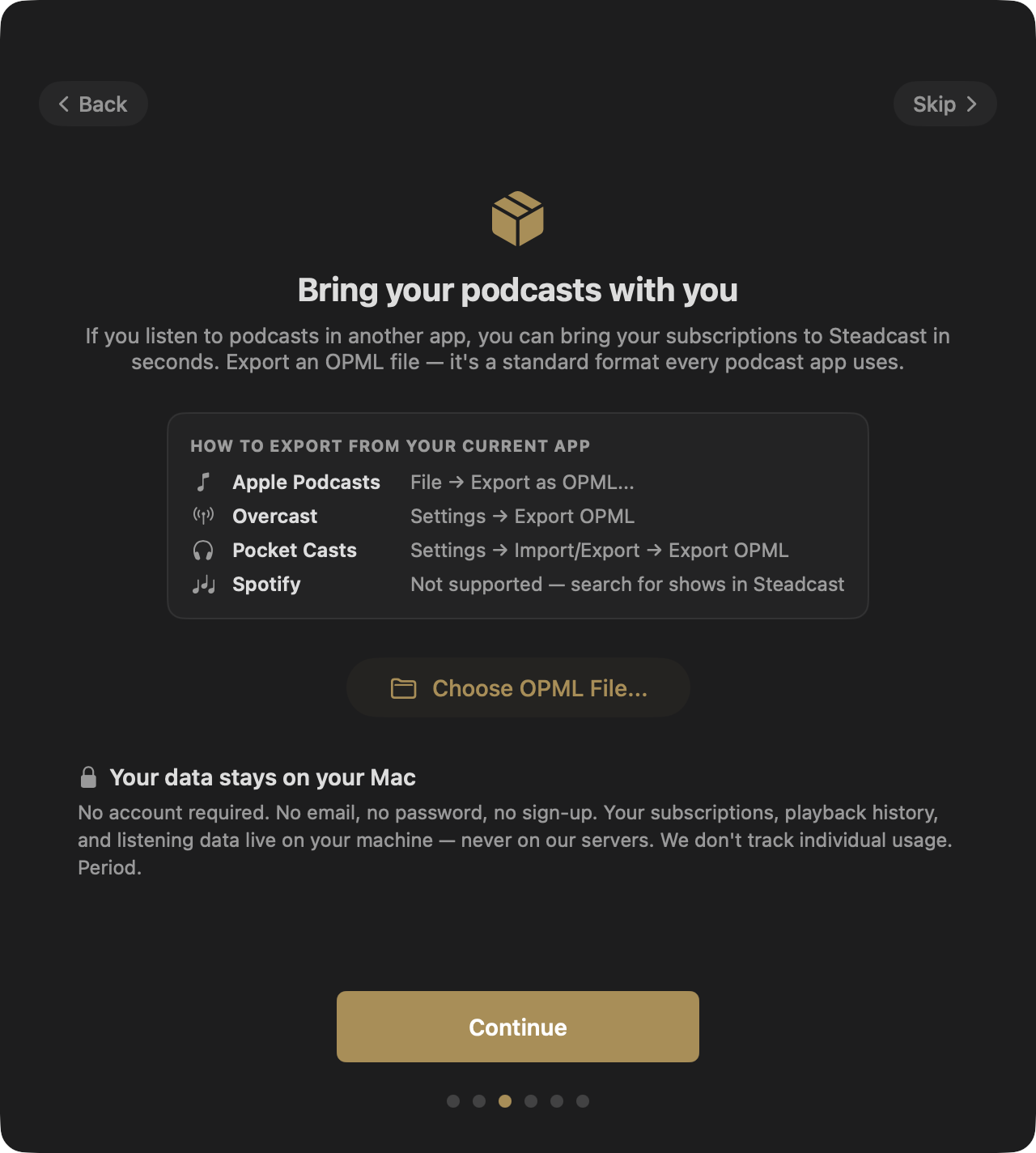 The import screen: export instructions for four podcast apps, a Choose OPML File button, and a privacy statement