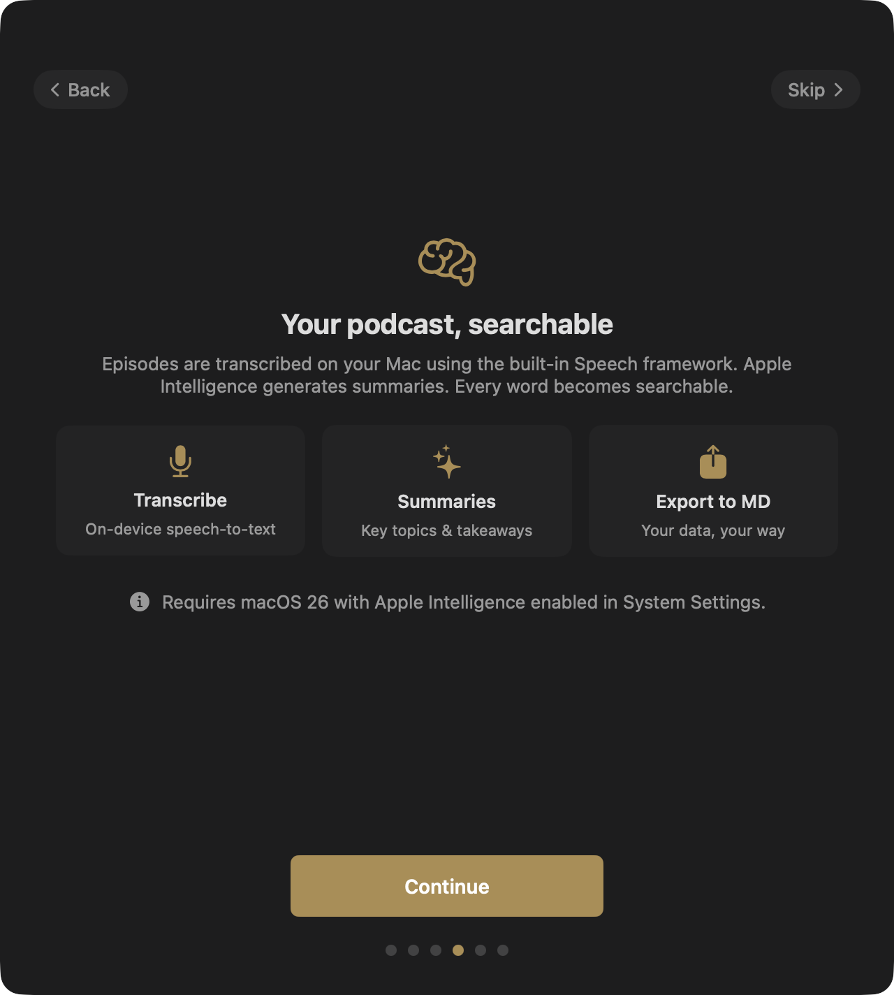 The intelligence screen: three feature cards for Transcribe, Summaries, and Export to MD, with a hardware requirement note