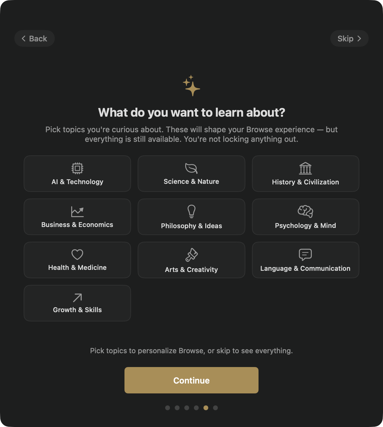 The interests screen: eleven learning domains in a three-column grid with a dynamic footer line