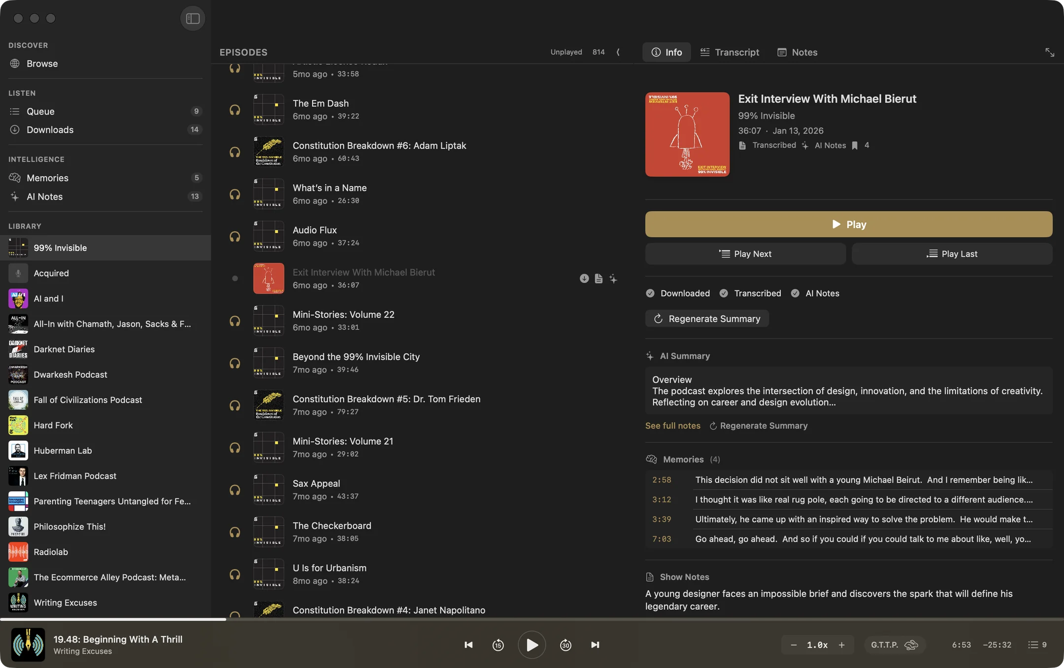 An episode in the shipped app showing Transcribed and AI Notes badges, a generated summary, and four saved memories with timestamps