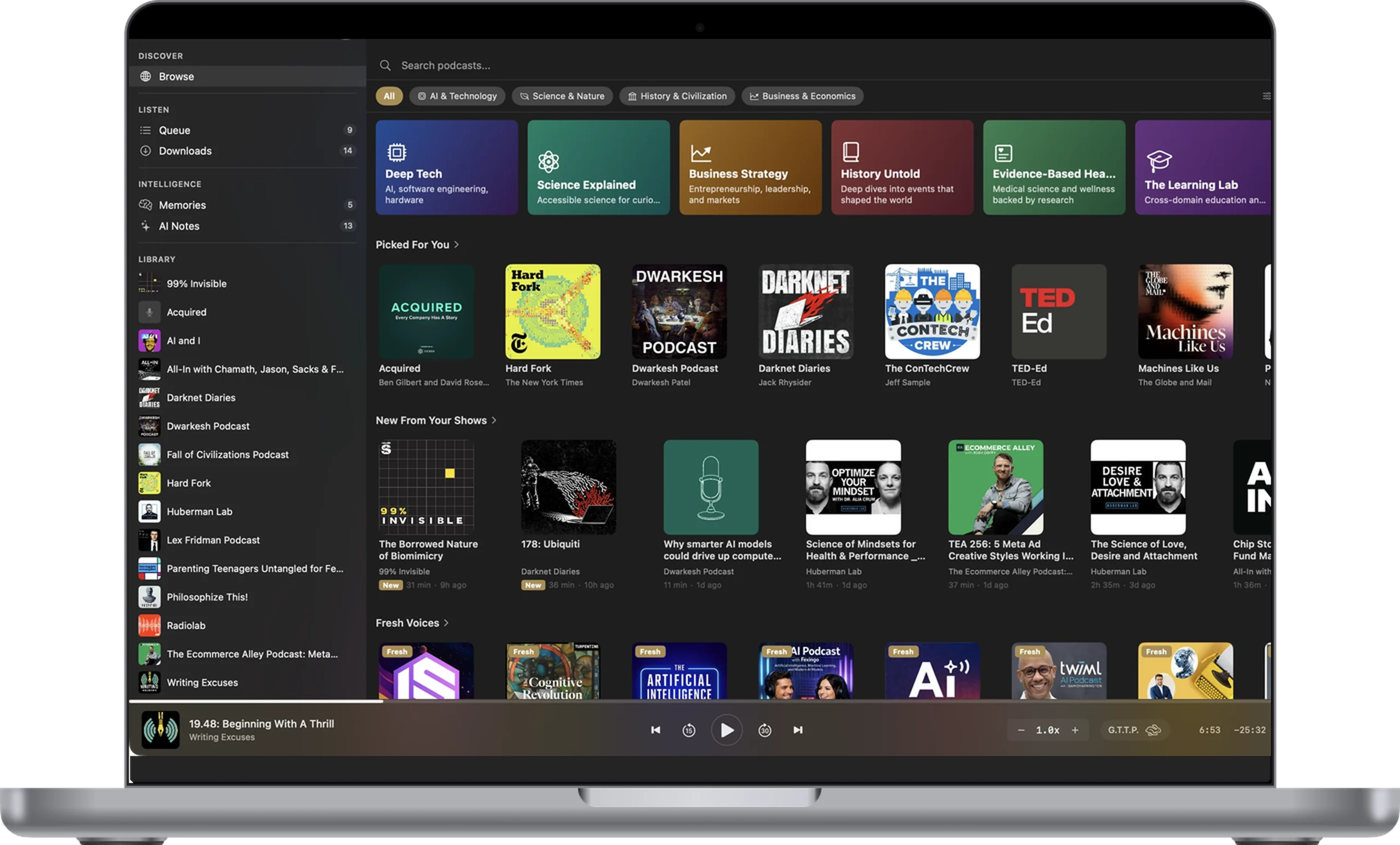 Steadcast running on a MacBook, showing the Browse view with topic collections and a populated library